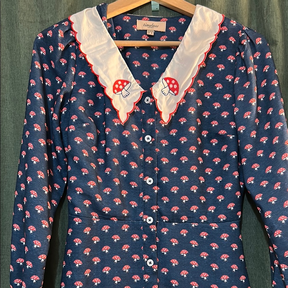 Mushroom Print Long Sleeve Dress with Sailor Collar